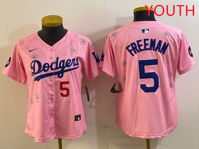 Youth Los Angeles Dodgers #5 Freeman Pink Sakura Edition 2025 Nike MLB Jersey style 2